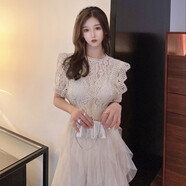 法式小眾鏤空水溶蕾絲連衣裙淑女刺繡收腰網(wǎng)紗蓬蓬裙公主氣質(zhì)禮服 杏色 S