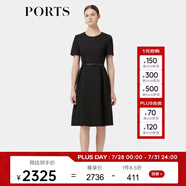 PORTS寶姿春季新品女裝優(yōu)雅純色通勤腰帶裝飾束腰短袖連衣裙 黑色 XS (2)