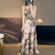 阿瑪施（AMASS）哥弟適用醋酸緞面2025春夏新款女一字領(lǐng)吊帶連衣裙碎 水墨印象 L 均碼