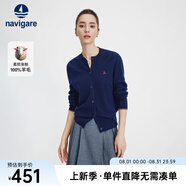 Navigare意大利小帆船毛衣外套女士秋冬款純羊毛圓領(lǐng)羊毛衫氣質(zhì)針織開(kāi)衫 藏青 S