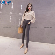 XQBKUW高腰牛仔褲女長(cháng)褲2022新款春季學(xué)生彈力顯瘦九分褲小腳鉛筆褲 煙灰色 25