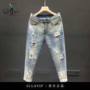 薩拉維夫（Sllavif）品牌運(yùn)動(dòng)牛仔運(yùn)動(dòng)褲男春秋款2025新款中青年彈力拼接拉鏈長褲 淺藍(lán)色 S