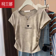 柯蘭娜歐貨正肩V領純棉短袖t恤女設計感小眾收腰修身顯瘦上衣體恤夏季潮 卡其色 L