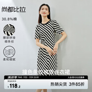 尚都比拉撞色條紋棉質(zhì)連衣裙女2024夏季羅紋圓領(lǐng)拼接短袖裙子 黑白條紋 S