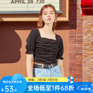 西遇復(fù)古方領(lǐng)針織短袖女2024年夏季新款褶皺高腰短款t恤女純色小個(gè)子 黑色(D0300873) S