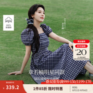 茵曼（INMAN）章若楠同款法式方領(lǐng)格紋連衣裙2025夏季新品女裝泡泡袖裙子 藏青 L