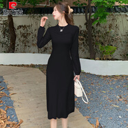 皮爾卡丹（pierre cardin）2025新款法式奶乖長(cháng)袖針織連衣裙女甜美粉色打底包臀毛衣裙秋 黑色 L