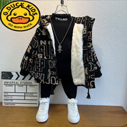 G.DUCKKIDS男童加絨外套秋冬裝洋氣寶寶棉衣加厚兒童裝男孩棉服冬季2024新款 黑色 現貨 120 建議6-7歲 建議身高115左右