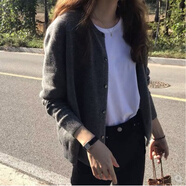 芭芙達(dá)妮黑色針織開衫慵懶風(fēng)毛針織衫女春秋冬季加厚毛衣外套女裝短款上衣 中灰色 L :110-120斤