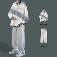 主意范假兩件衛(wèi)衣男春秋季大碼POLO衫內搭打底衫潮牌拼接襯衫領長袖外套 （兩件套）白色衛(wèi)衣+米白休閑褲 XL 130-145斤