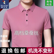 啄木鳥（TUCANO）男裝短袖T恤純色桑蠶絲翻領(lǐng)商務(wù)休閑寬松大碼體恤上衣polo衫輕奢 翻領(lǐng)短袖-粉色 XL 175建議140-155斤