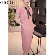 GIOIO絲巾拼接連衣裙女2025新款夏季韓版休閑時(shí)尚純色簡(jiǎn)約中長(zhǎng)款T恤裙 粉色純色絲巾連衣裙 2XL 建議120-130斤
