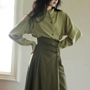 伊琦蕾（YIQILEI）法式綠色不對稱(chēng)領(lǐng)復古套裝女2025春秋新款時(shí)尚設計感襯衫半身裙潮 襯衣+裙子 M 建議95-105斤