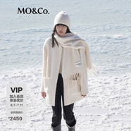 MO&Co.外套羊駝毛圓領中長款毛呢大衣附圍巾 米白色 XS 155