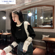 壹源港甜酷風炸街露肩針織衫春秋小眾性感鏤空黑白短款針織辣妹針織毛衣 黑白拼色露肩毛衣 M 100-115斤