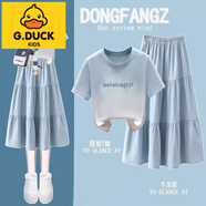 G.DUCKKIDS女童連衣裙夏季套裝女學(xué)生韓版寬松小清新扎染短袖+高腰拼接半身 藍扎染T恤+籃拼接裙1544# 165 S建議70-95斤