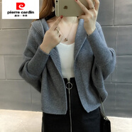 皮爾卡丹（pierre cardin）短外套毛衣2025春裝新款女長(cháng)袖寬松帶帽針織衫早秋冬開(kāi)衫厚蝙蝠衫 灰色 S 建議85-95斤