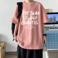 潮梵圖字母短袖t恤男生夏季新款美式潮牌半袖寬松重磅棉上衣體恤男 K65-粉色 L