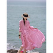 麻霖100支純苧麻加捻細皺成衣染色圓領(lǐng)七分泡泡袖輕盈飄逸連衣裙 櫻花粉 XS