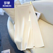 羅蒙中國風(fēng)半身裙夏季新款高腰氣質(zhì)開(kāi)叉西裝半身裙半松緊腰中長(cháng)裙 杏色 新中式設計 XL 120-135斤