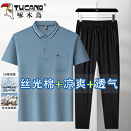 啄木鳥爸爸衣服夏裝冰絲套裝短袖t恤夏季涼感polo衫中老年人男裝50歲60 1902藍色+冰絲長褲兩件套 XL (175) 【建議115斤-135斤】