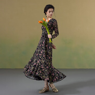 生活在左【林棲作品】2025秋季新品印花優(yōu)雅多色氣質(zhì)連衣裙女 咖啡底印花 S