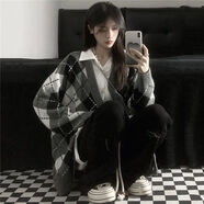 薩姆依 菱格開衫毛衣女學(xué)生秋冬外穿2022年新款寬松設(shè)計(jì)感ins慵懶風(fēng)bf溫柔日系復(fù)古針織衫軟糯外套 菱格開衫 均碼