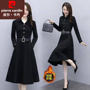 皮爾卡丹（PIERRE CARDIN）長袖大碼連衣裙女春秋2025新款收腰顯瘦中長款中年媽媽氣質(zhì)襯衫裙 黑色加絨 M 100斤以下