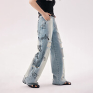 CHUU趣味卡通印花牛仔褲女2025夏季新品貓須磨白破洞撞色直筒長(cháng)褲 淺牛仔藍 26