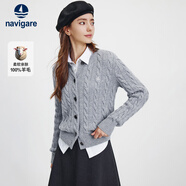 Navigare意大利小帆船女士全羊毛絞花針織開衫毛衣外套2334094512淺灰S