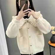 溥畔娃娃領(lǐng)毛呢外套女春季新款荷葉邊洋氣時(shí)髦開衫短款上衣 米白色 S
