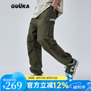 古由卡（GUUKA）潮牌抽繩束腳工裝休閑褲男2025秋冬新款嘻哈刺繡寬松長(zhǎng)褲傘兵褲 軍綠X60163 L