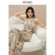 束皙SUSHE 幻夢(mèng) 新波西米亞蝴蝶數碼印花深V領(lǐng)無(wú)袖長(cháng)款修身連衣裙 蝶影摩登 S