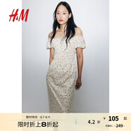 H&M女裝花卉連衣裙夏季花朵泡泡一字肩短袖植物印花長裙1230970 奶油色/碎花 M 165/96
