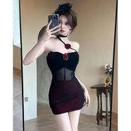 潮夢(mèng)城性感辣妹顯瘦網(wǎng)紗拼接抹胸裙女氣質(zhì)新款花朵裙子修身鏤空連衣裙 酒紅色 M  100125（收藏優(yōu)先發(fā)貨）