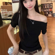 妙奕嘉露肩短袖t恤女上衣春季新款2025年純欲修身內搭斜肩甜美短款洋氣 修身斜肩短T恤【黑色】 XL 【建議116-125斤】