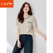 紅蜻蜓別致織帶短袖T恤女2024年夏季新款小香風(fēng)精致百搭顯瘦肌理感上衣 米白色 L