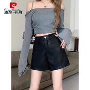 皮爾卡丹黑色pu皮短褲女秋冬2025新款韓版高腰顯瘦小個(gè)子休閑外穿闊腿靴褲 黑色 XS