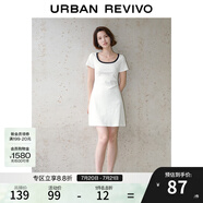 UR夏季新款女裝時尚撞色褶皺收腰修身圓領連衣裙UWU740043 粉白 S