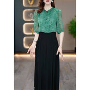 春夏十三行五分袖洋裝女2025夏季新款今年流行媽媽假兩件裙子 綠花黑裙假兩件 2XL