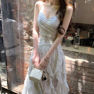 FOX.G裙子新品吊帶連衣裙女夏季2025新款衣服女裝小個子法式純欲長裙 水墨碎花荷葉邊連衣裙 M 【建議100-110斤】