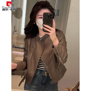 皮爾卡丹（pierre cardin）修身顯瘦機(jī)車皮衣女春秋2025新款韓版百搭小外套長袖短款皮夾克潮 卡其色 M