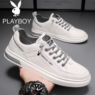 花花公子（PLAYBOY OUTDOOR）花花公子新款男鞋休閑 運動鞋男士夏季防滑板鞋百搭透氣小白鞋 白色皮面款 39