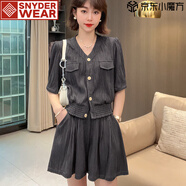 SNYDER WEAR小香風(fēng)夏季女裝百褶減齡套裝短袖上衣裙褲短褲大碼顯瘦遮肉微胖 上衣+短褲兩件套深灰 S 建議80-105斤