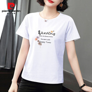 皮爾卡丹（PIERRE CARDIN）中老年媽媽短袖t恤女士夏裝寬松簡約汗衫白色體恤衫上衣女裝 白色like兩支花 3XL
