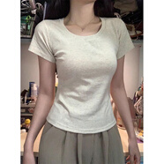 妙奕嘉正肩短袖女士夏季衣服新款潮流t恤上衣顯瘦遮肚子高級(jí)感半袖百搭 腰部褶皺圓領(lǐng)正肩短袖【花灰色】 L 【建議95-115斤】