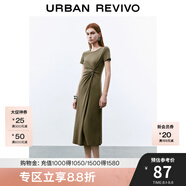 UR2025春季新款女裝簡(jiǎn)約褶皺開衩修身短袖連衣裙UWM750014 綠卡其 S