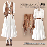 勤度川西新疆草原云南旅游穿搭女連衣裙北美拉德波西米亞夏天巨好看白 白色短.袖連衣.裙配腰帶(不含配 S 80-95