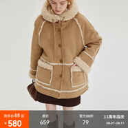 fano studios范洛Fano 冬季加厚連帽仿羊羔毛皮毛一體外套女復古麂皮絨短外套 淺卡其 M