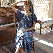 莫代爾韓版綿綢加長(cháng)款棉綢睡裙女士短袖加大碼睡衣夏季人造棉布家居服 藍圓點(diǎn)桃花-長(cháng)裙 L [90-120斤]